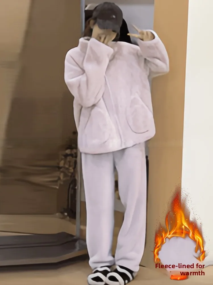 

Women's Thiened down Cotton Jaet Wide Leg Pants Set Winter Fce Lined Casual Sports Two Piece Set High Waist Zipper