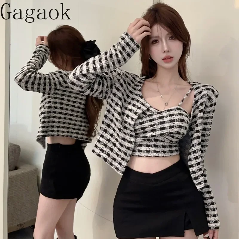 Gagaok Two Piece Set Pure Desire Sweet Spicy Girl Strapless Top Women Autumn Checkered Cardigan Paired Suspender Vest