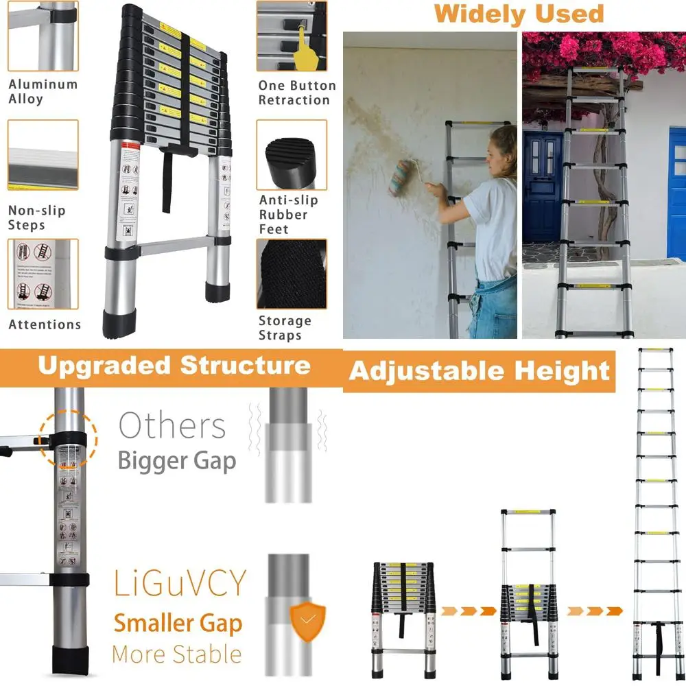Telescoping Extension Ladder 14.5 FT, Folding Telescopic Aluminum Ladders, Lightweight Collapsible Ladder Step for RV Roof Attic