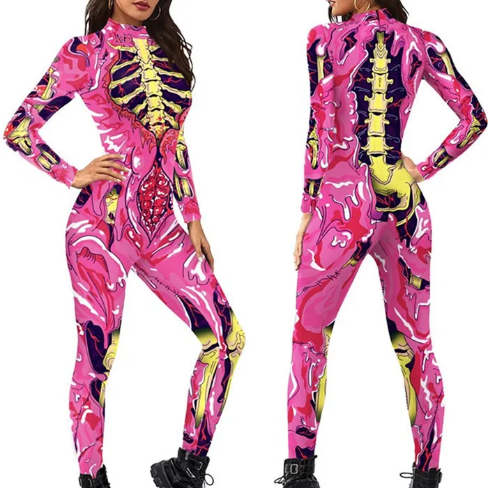 Damen Herren Karneval Cosplay Jumpsuit Skelett-Druck Halloween-Kostüm Fancy Party Catsuit Show Spandex Zentai Bodysuit Anzug – Detail 7