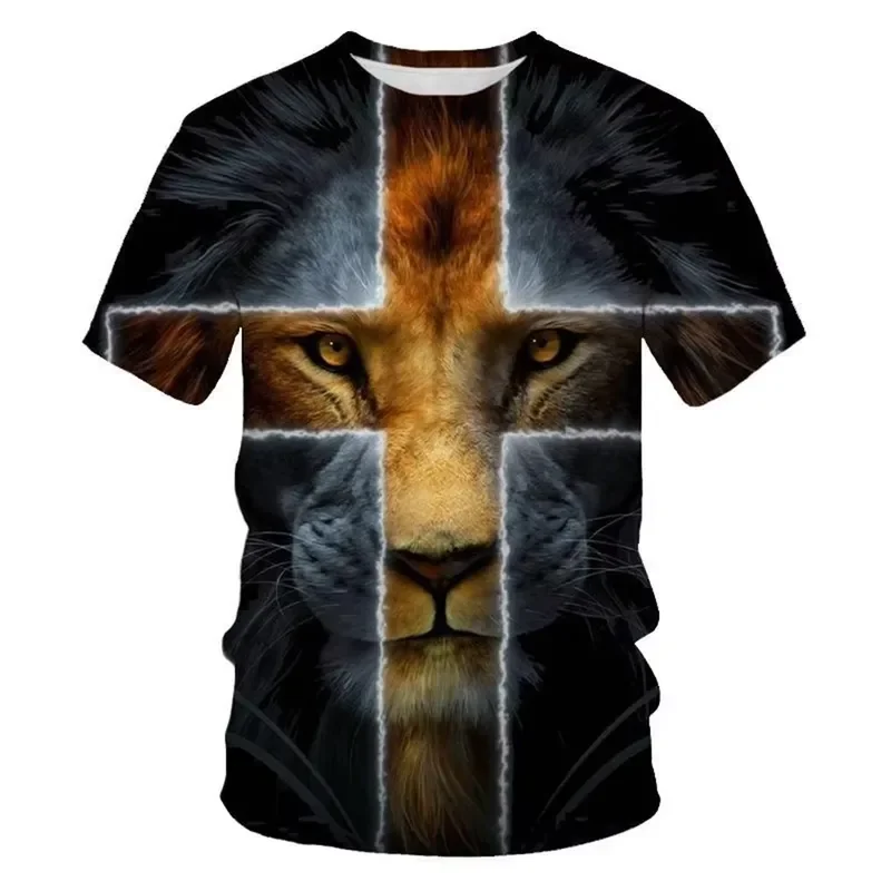 2026 Summer Fashion Creative Cross Lion 3D Printed Personalized Christian Art T Shirt for Men and Women