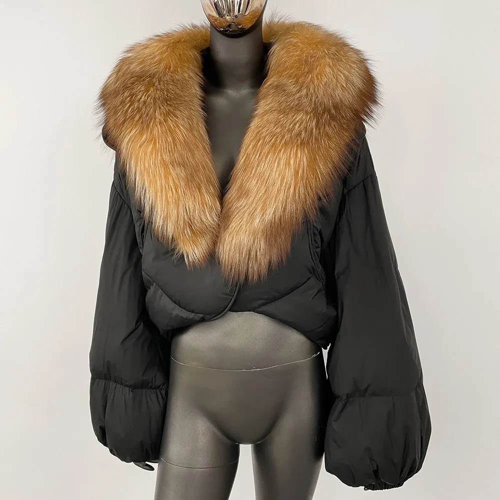 Chaqueta de plumón de pato blanco para mujer, abrigo corto suelto de lujo, informal, de piel de zorro Real, de manga larga, de invierno