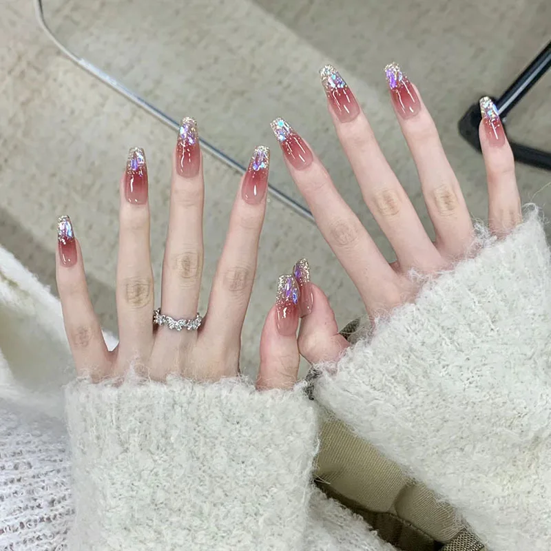 Uñas postizas con purpurina y diamantes de imitación para niñas, uñas postizas con diseño extraíble, 24 piezas, decoración de otoño e invierno, 2024