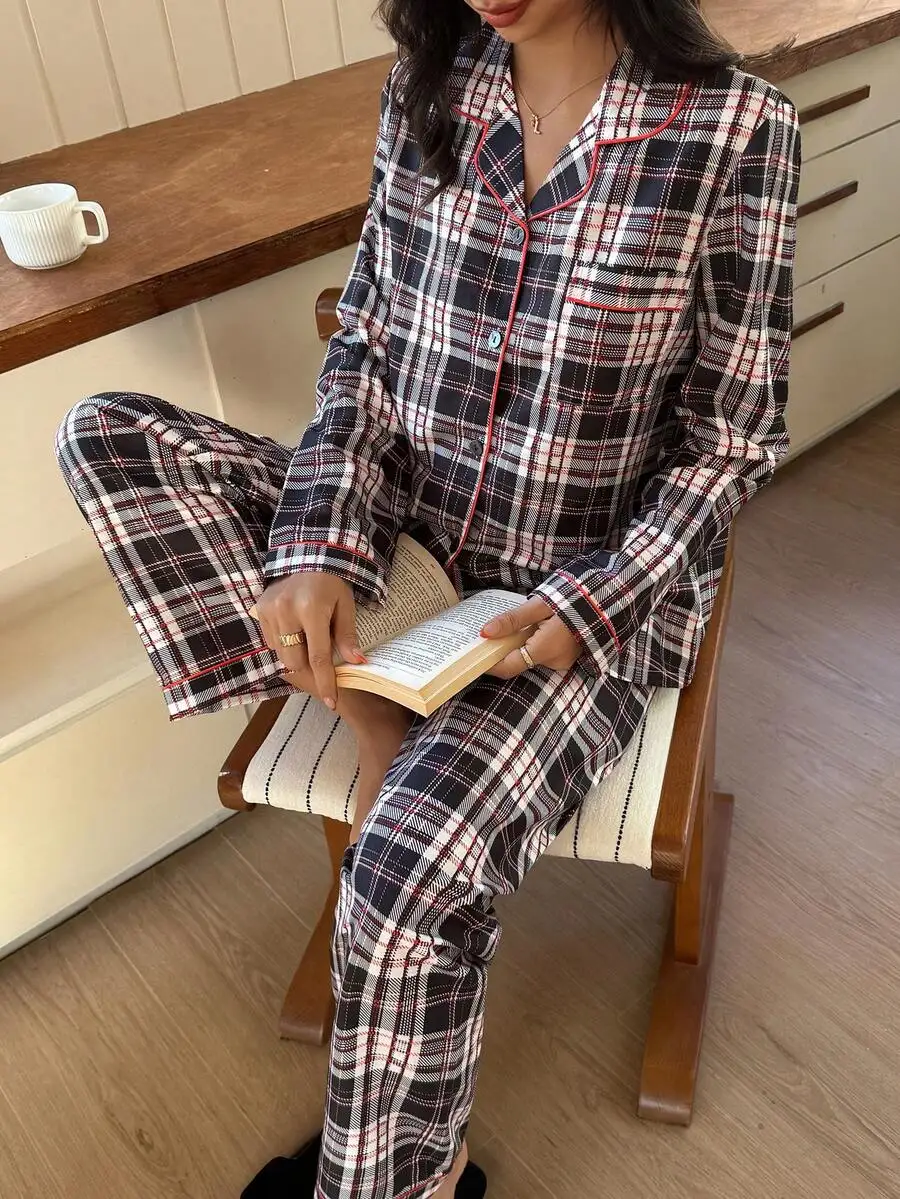 Plaid Contrast Trim Lapel Pajama Set Women Sleepwear Loungewear