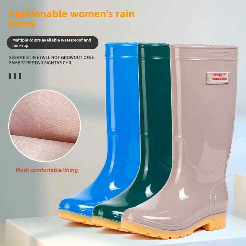 Women's High-top Rain Shoes Anti-slip Waterproof Fashionable Mid-top Warm Boots Long-lasting Rubber Material Fleece Lining