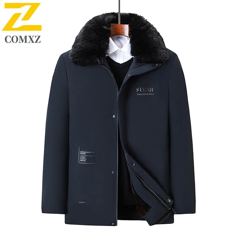 COMXZ Men Quilted Jacket Fur Collar High-End Business Handsome Windproof Travel Padded Jacket Work Cold Proof Winter Jacket