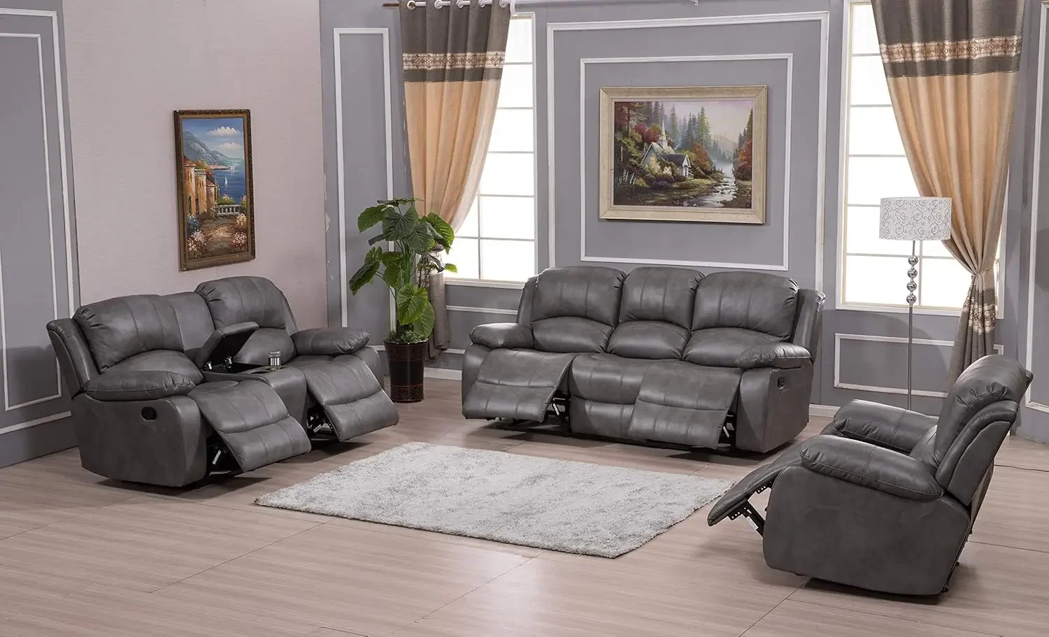 

3PC Bonded Leather Reclining Sofa Chair Set Living Room Set Sofa Loveseat Glider Chair 8018 Multiple Colors (Gray)