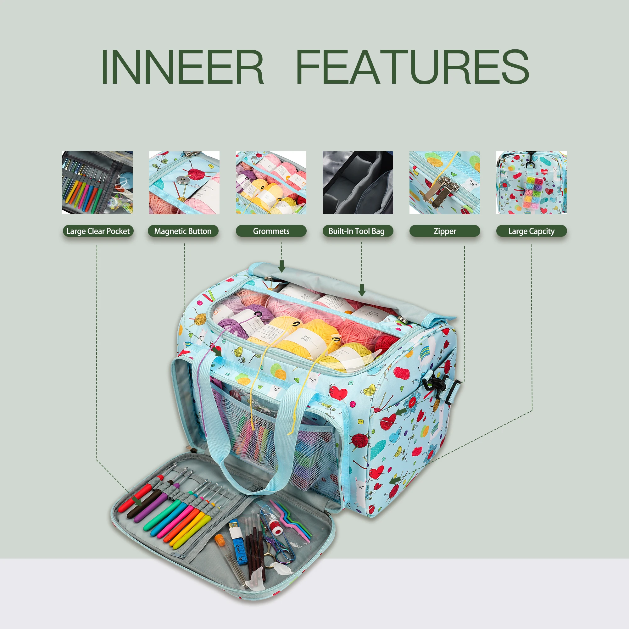 KOOKNIT Knitting Bag Yarn Tote Organizer with Inner Divider for Wool Crochet Hooks Knitting Needles Sewing Set DIY Storage Bag