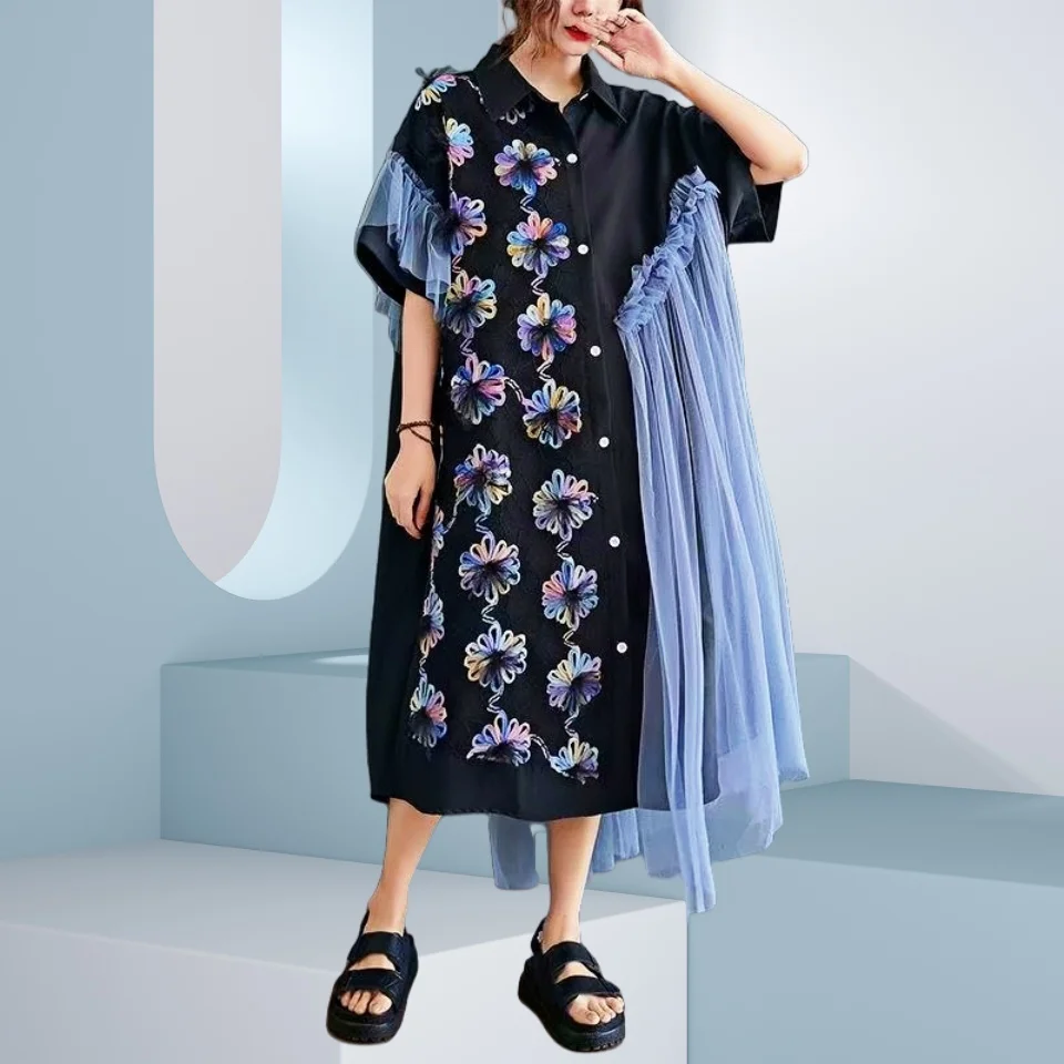 

New Plus Size Summer Dress 100kg Loose Fit Slimming Embroidered Chiffon Sleeveless Irregular Color Block European Women Dresses