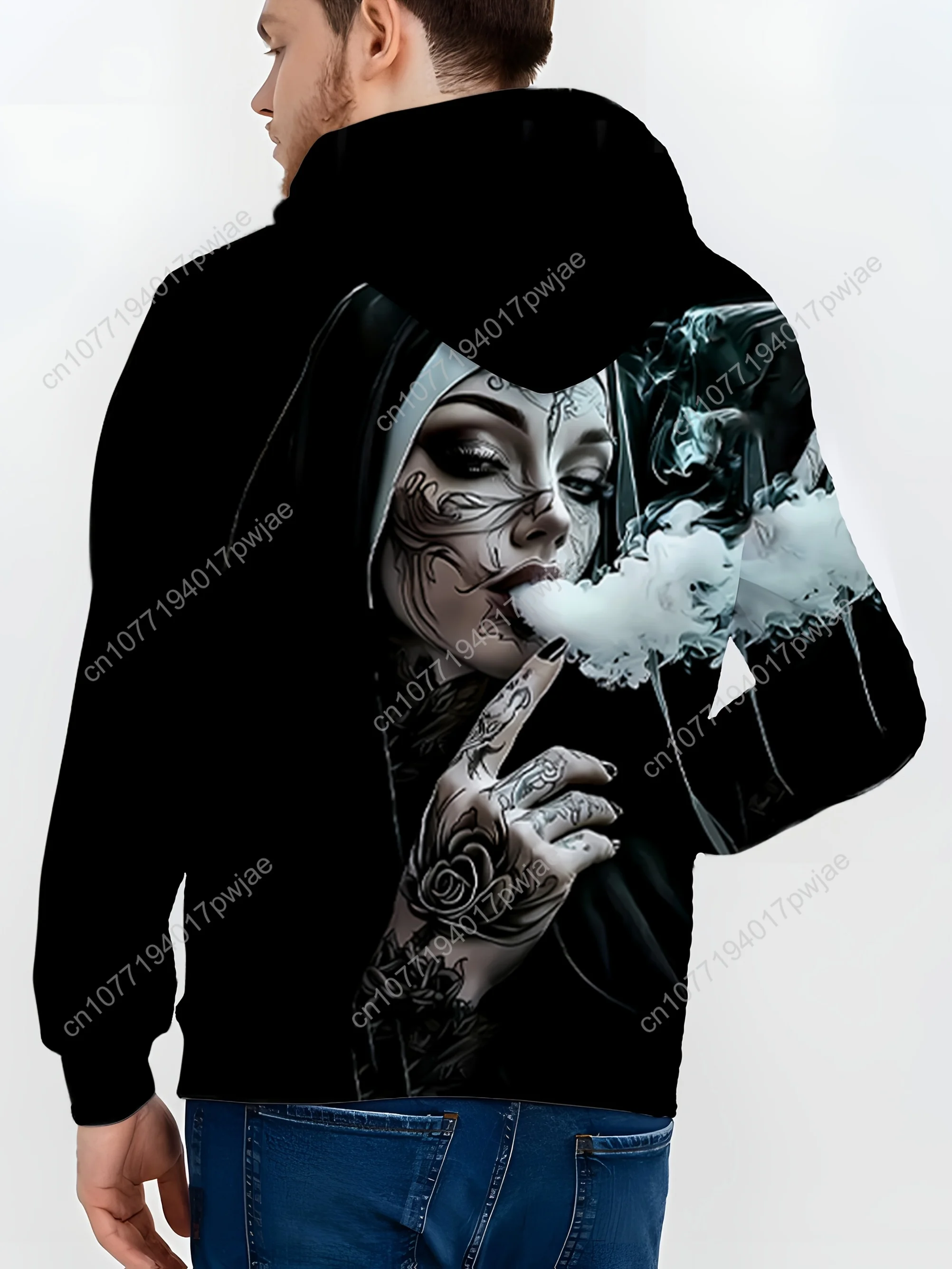 Sudadera con capucha gráfica 3D para hombre, color negro con diseño de tatuaje y cigarrillo blanco, sudadera informal, ajuste regular cómodo para Ca