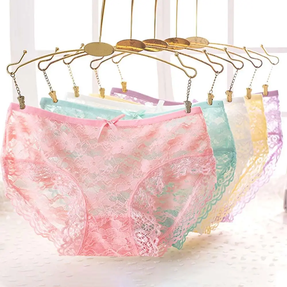 

Underwear Breathable Bow Underpants Middle-waist Lace Sexy Briefs Flower Panties Nylon Women Thong