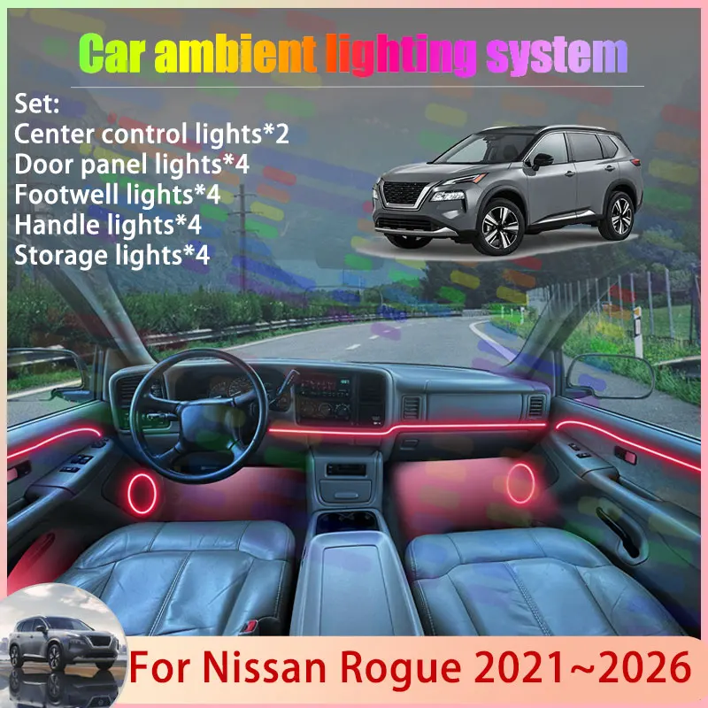 

For Nissan Rogue 2021~2026 X-Trail T33 MK3 2022 2/18 in 1 Car Atmosphere Light Lamp RGB Shade Ensemble Streamer Atmosphere Set