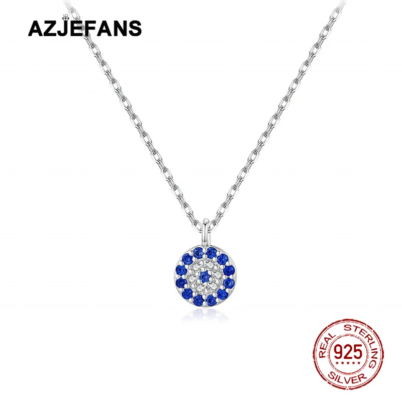 AZJEFANS 925 Sterling Silver Blue Evil Eye Pendant Necklace Fine Jewelry