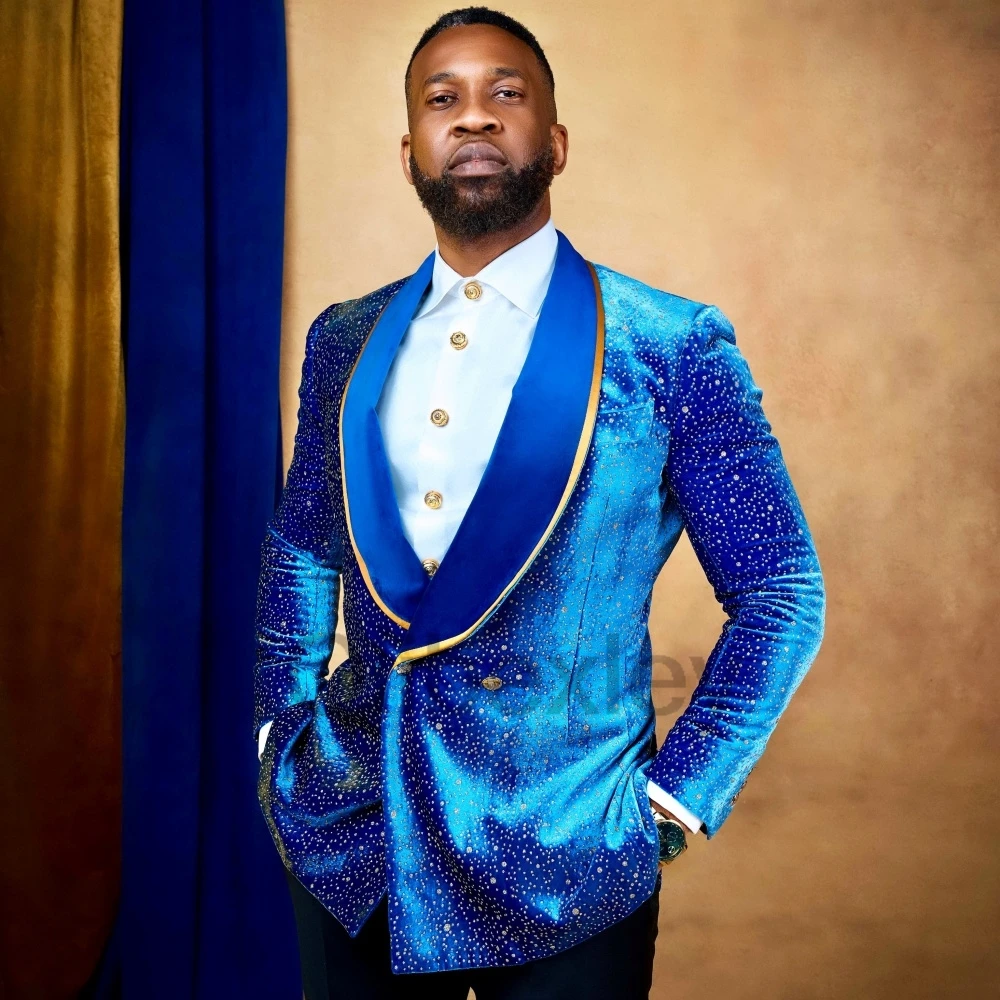Olibexley Elegant Royal Blue Men Diamond Suits Tuxedos Handsome Ropa hombre 2 Pieces Sets Groom Male Blazers Customized S353