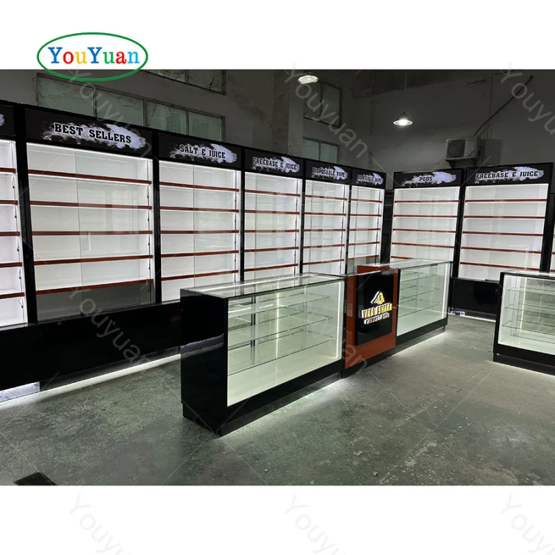 (customized)Individual Smoke Shop Design Display Showcase Stand With High-Density Solid Playwood Wooden Mirror Display Cabinet F