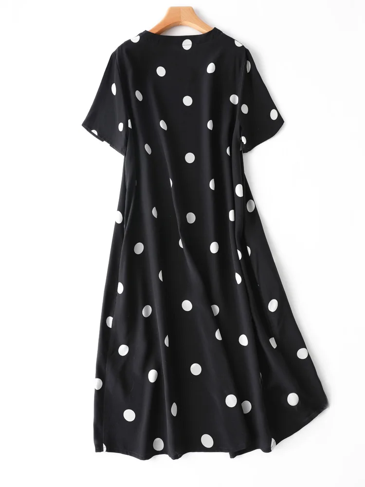 SuyaDream Woman Midi Dress 100%Silk Crepe A line Short Sleeves O neck Dots Printed Dresses 2021 Black Summer Dresses