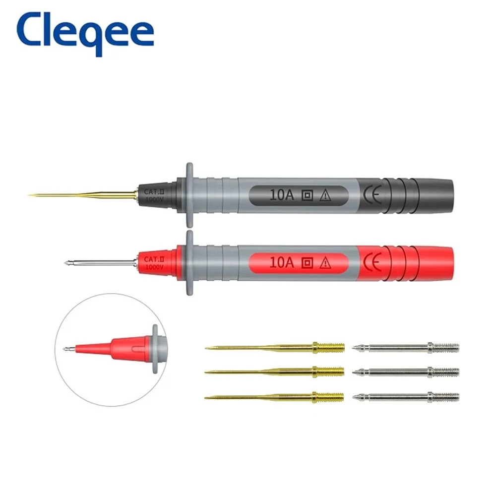 Cleqee-pluma de sonda de prueba P8003, multímetro con agujas afiladas chapadas en oro reemplazables de 1mm + pluma de prueba multiusos de aguja