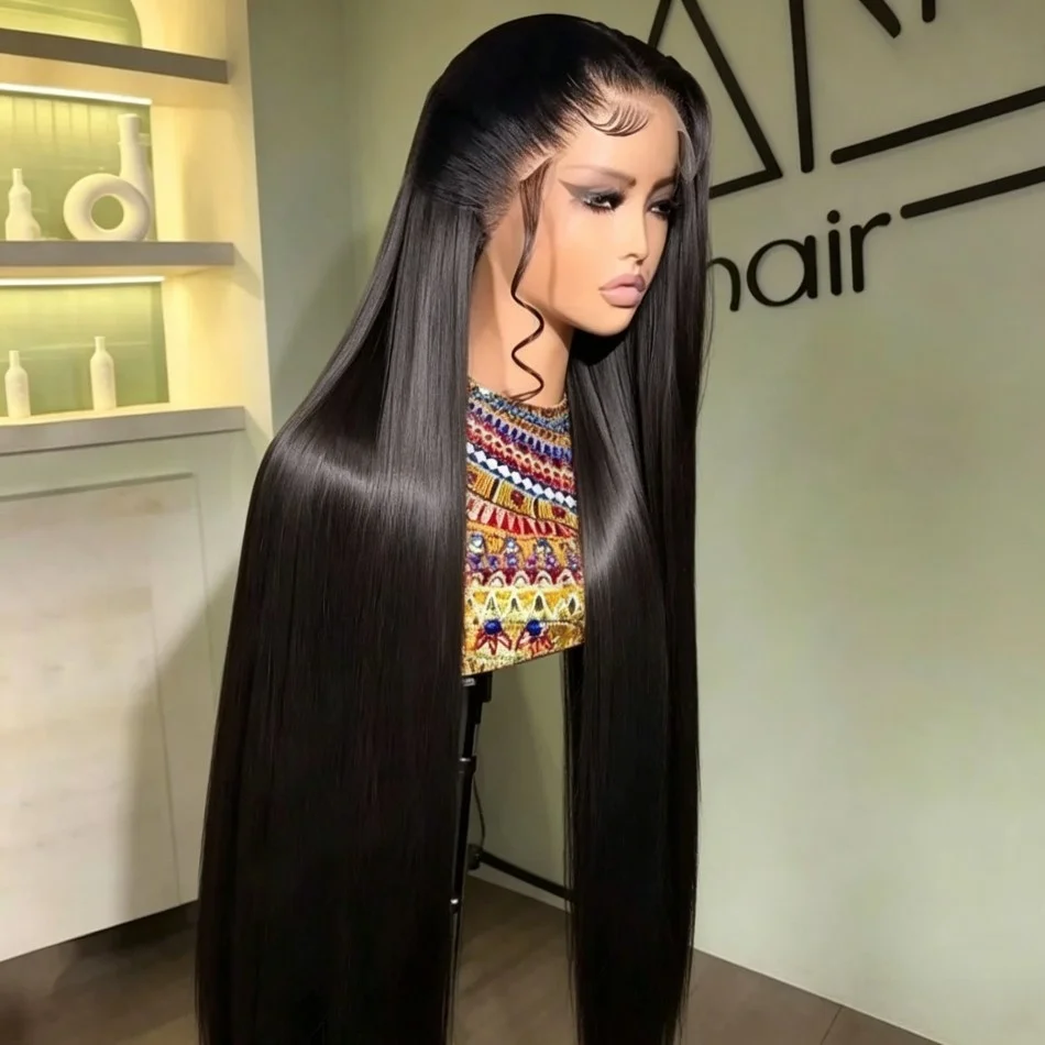Straight Human Hair Wigs Glueless 220 Density 13X6 HD Transparent Lace Frontal Wig Natural Black 40 Inch 5X5 Hd Lace Closure Wig view 5