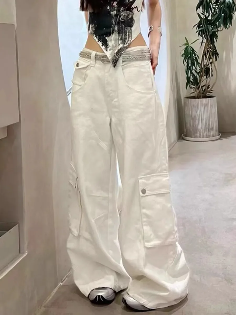 Deeptown Grunge White Cargo Jeans Women Streetwear Y2k Baggy Wide Leg Denim Pants Hip Hop High Waisted Boyfriend Pantalon Mujer