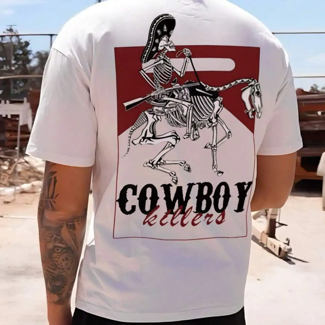 

Men's Slim-Fit Casual Graphic Tee Cowboy Skeleton Print Short Sleeve White Red Accents Perfect Outdoor Activities Casual Attire