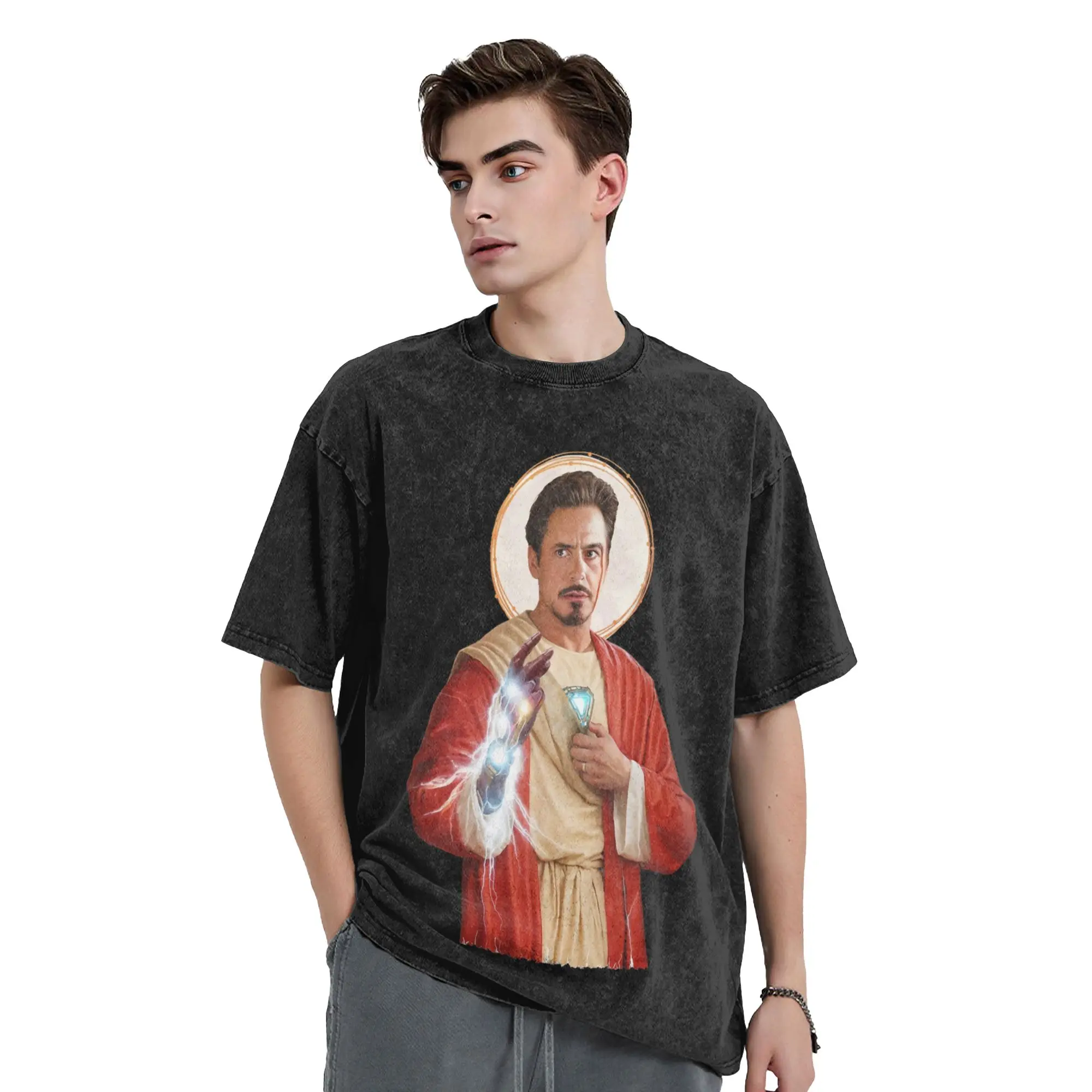 Saint Robert Downey Jr. Washed T Shirts Streetwear Hip Hop Vintage T-Shirts Tee Shirt for Men Women Oversize Printed