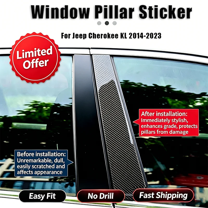For Jeep Cherokee KL 2014-2023 6PCS Gloss Black Door Side Decor Pillar Post Window Moulding Trim Sticker Cover Accessories Set