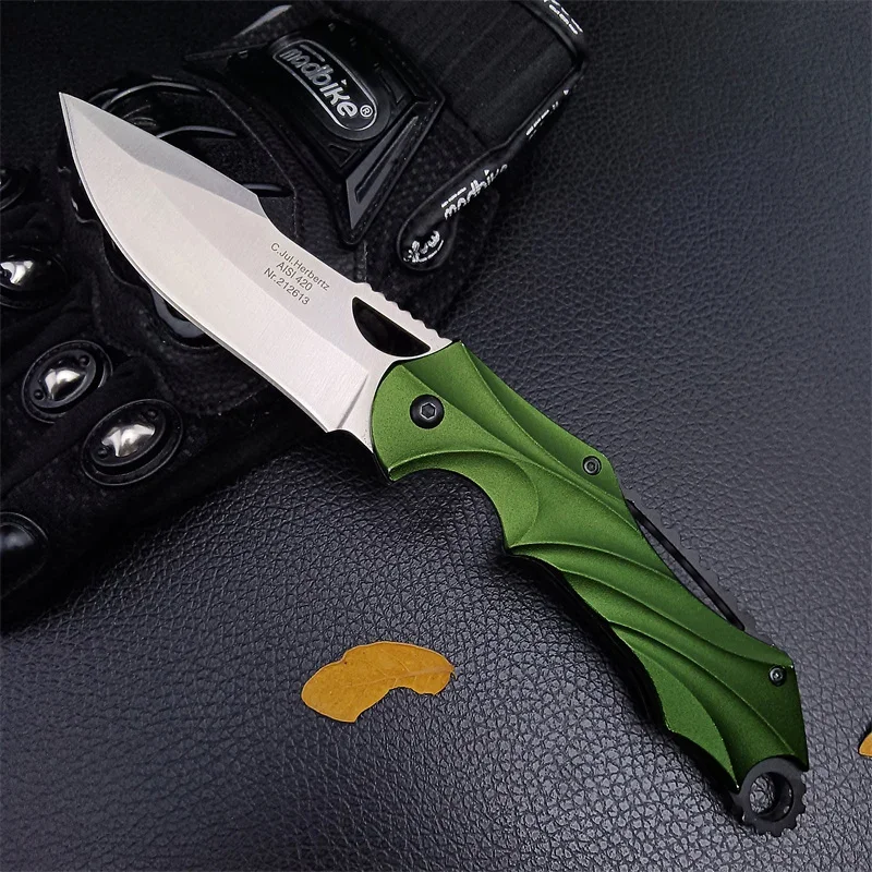 Outdoor EDC Folding Knife 440C Blade Aluminum Green Handle Camping Hunting Survival Self-defense Multifunctional with Clip Tool