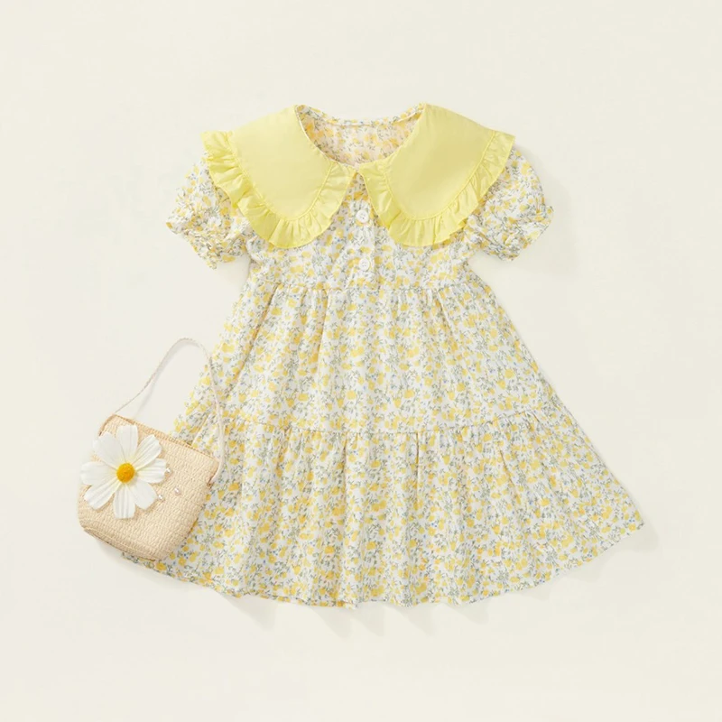 Baby Girls Dress Kids Summer Cute Flowers Dress+Inclined Shoulder Bag 1-8 Years Old Children Fashion Doll Collar Princess Dress image 3