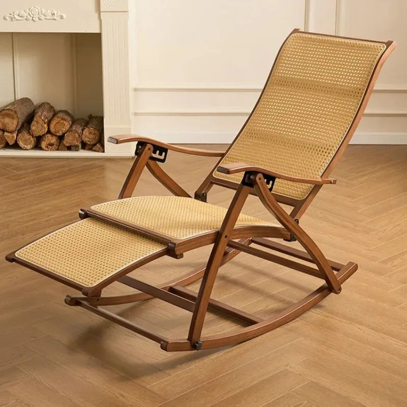 Adult Bamboo Rocking Chair Sleep Recliner for Home Balcony Elderly Resting Back Support Reclining Chair for Naps