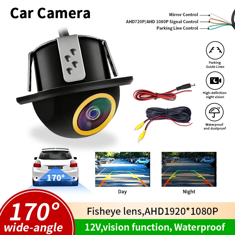170 °   Камера заднего вида для автомобиля Fisheye, сигнал AHD/CVBS, HD ночное видение, водонепроницаемая, в форме соломенной шляпы, с креплением на присоске