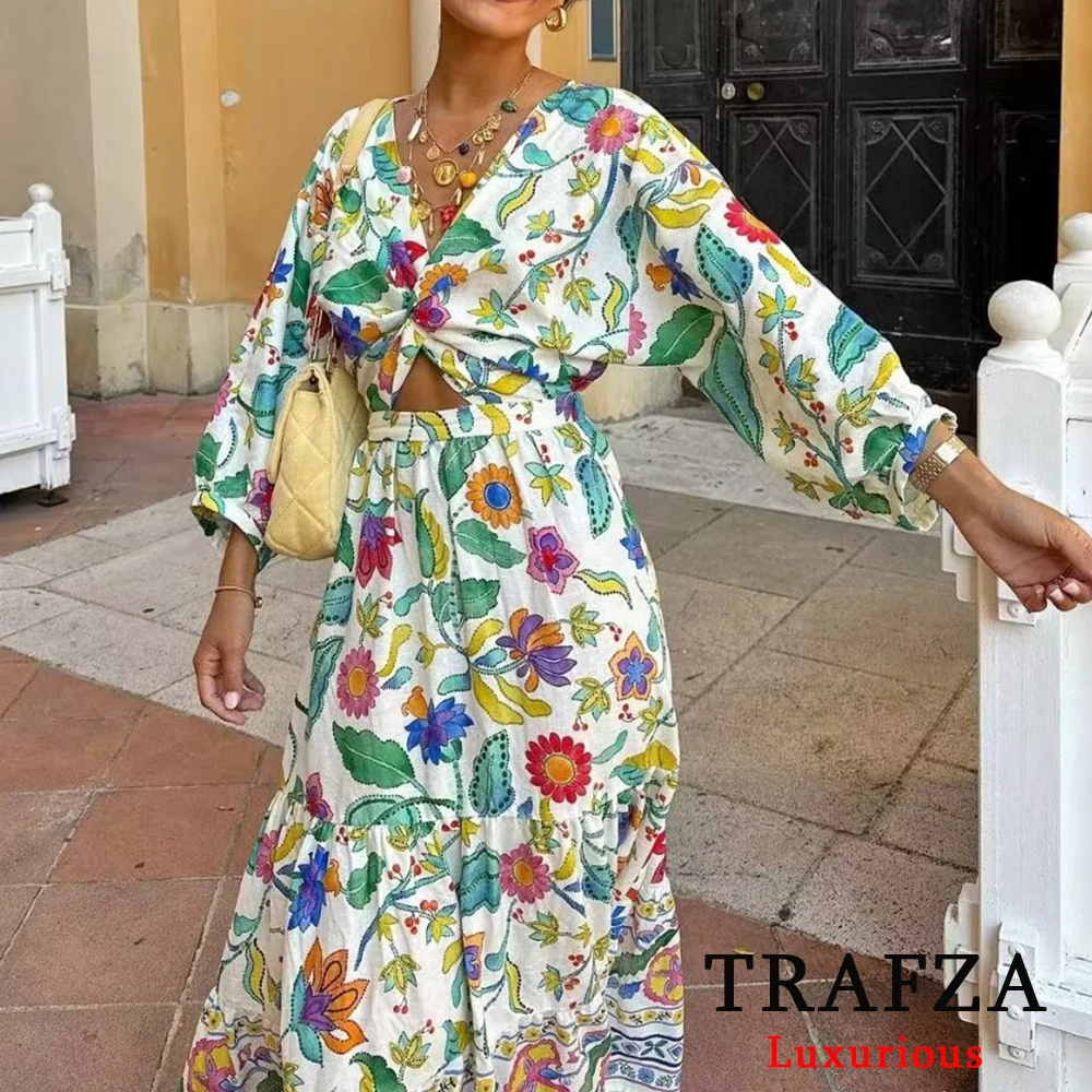 TRAFZA Boho Flower Print Women Long Dress Fashion 2024 Summer Long Sleeve V Neck Ruffles Holiday Dress Vintage Party Dress