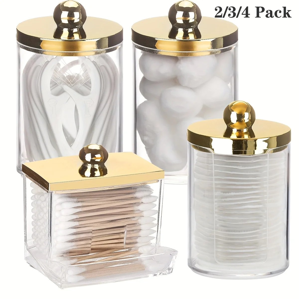 Qtip Holder Bathroom Container 10/7oz Cotton Ball Cotton Swabs Pads Dispenser Apothecary Jar with Golden Lids Organizer Storage