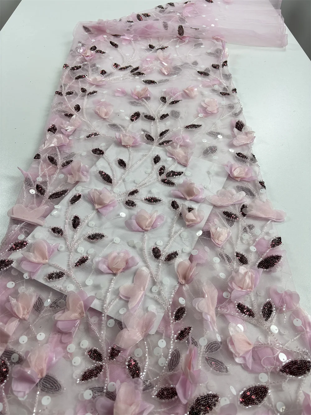 

African 3D Flower Sequins Lace Fabric 2025 High Quality Lace Embroidery Beads Mesh Fabric 5 Yards For Women Wedding Party