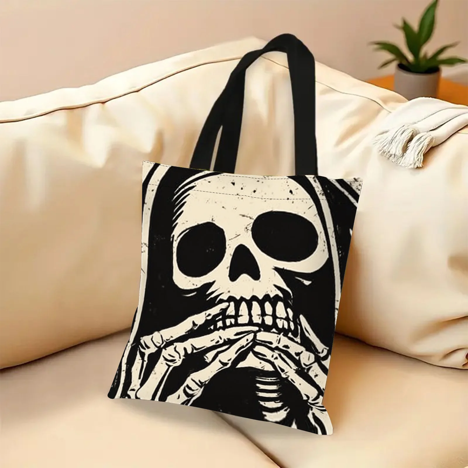 Humorvolle Halloween-Hippie-Gothic-Einkaufstasche mit gruseligen Totenköpfen und erschreckenden Skeletten, wiederverwendbare Einkaufstaschen, Reise-Umhängetasche – Detail 3