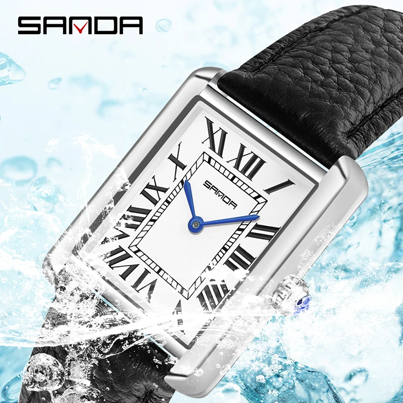 Fashion SANDA Rectangular Wrist Watches for Women Silver Case Ladies Watch Luxury Brand Leather Band Quartz Clock zegarek damski