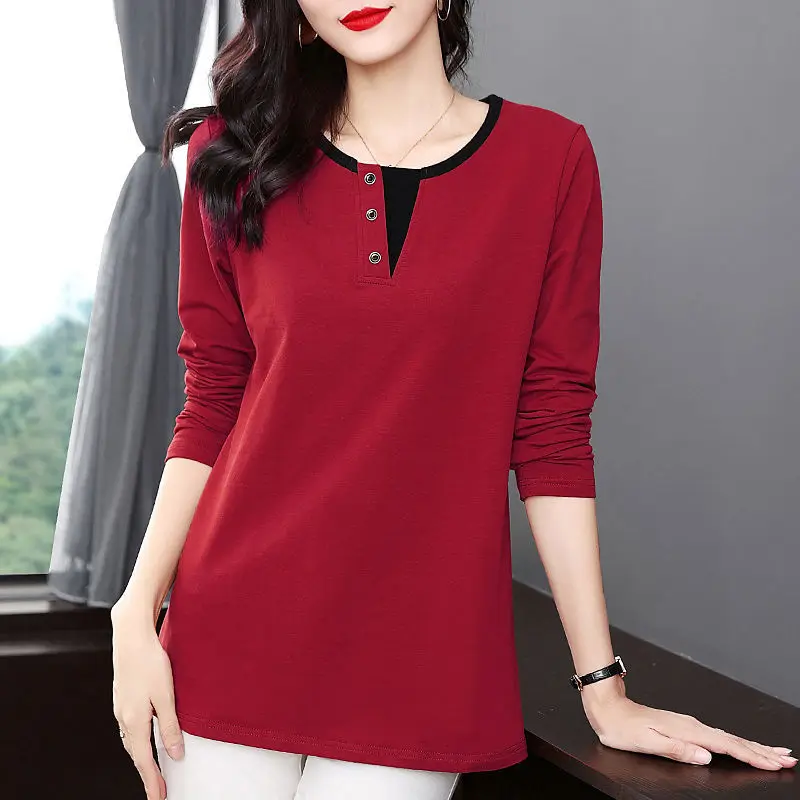 Middle Aged Women Elegant Button Contrast Color Long Sleeve Loose Basic T-shirt Spring Autumn Casual All Match Ladies Tops M-5XL