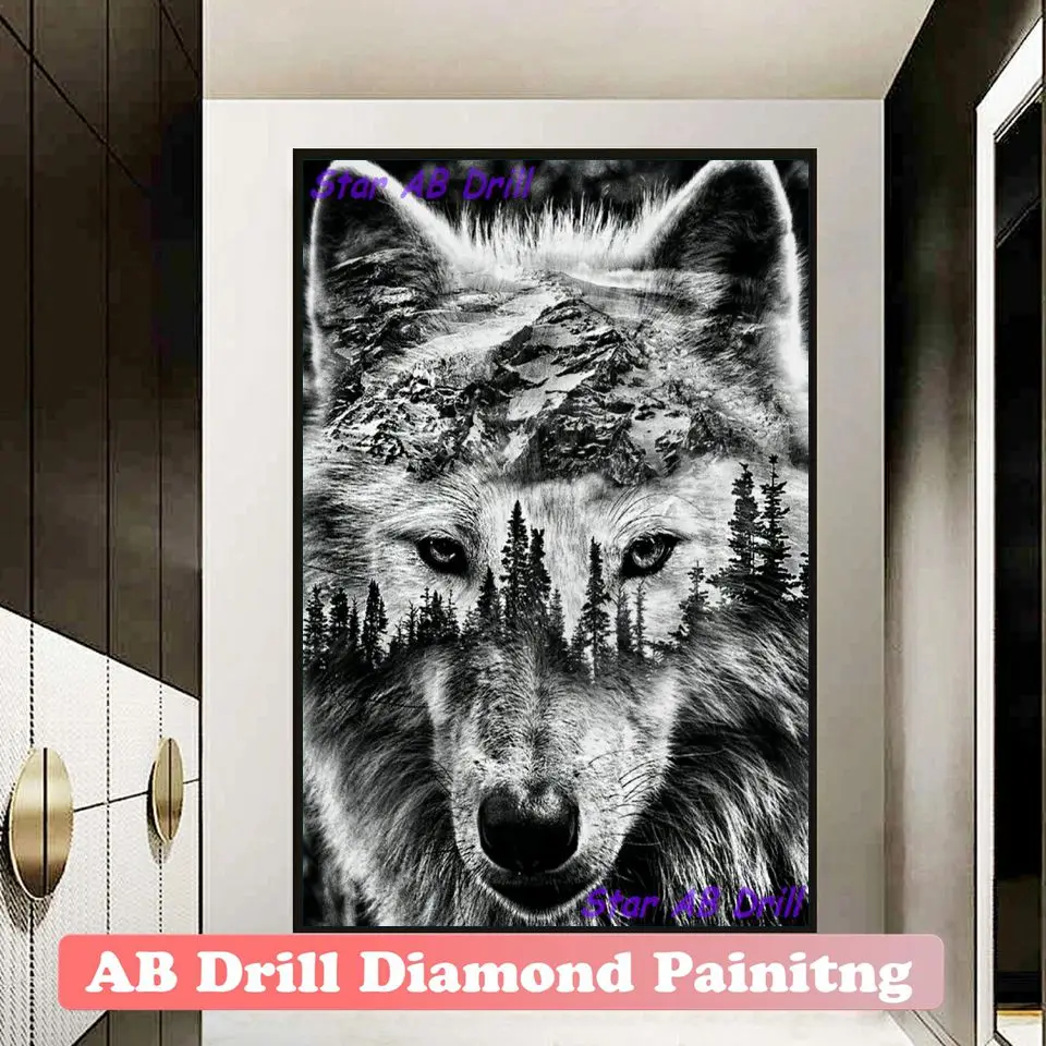 

New AB Drill Animal 5D Diamond Painting Kit Wolf Black White Embroidery Cross Stitch Wall Art Mosaic Handicraft Home Decor Gifts