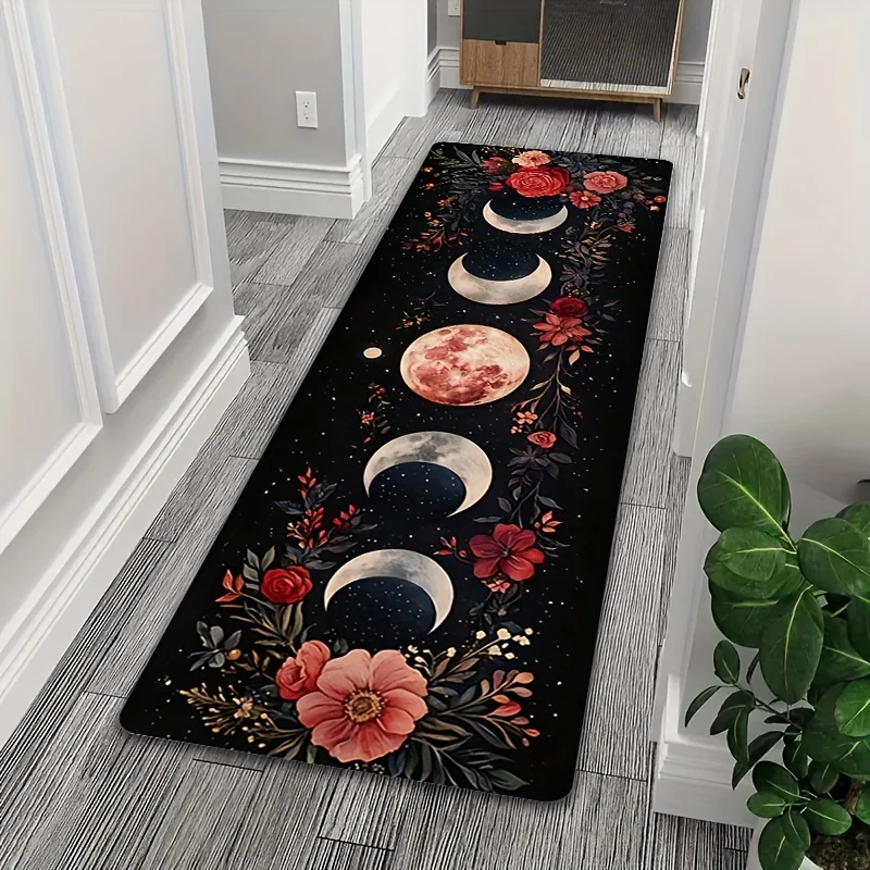 Bohemian Moon Phase Floral Area Rugs, Artistic Non-Slip, Decorative Mat for Hardwood Floors, Laundry Room, Sink Floor, Bedroom
