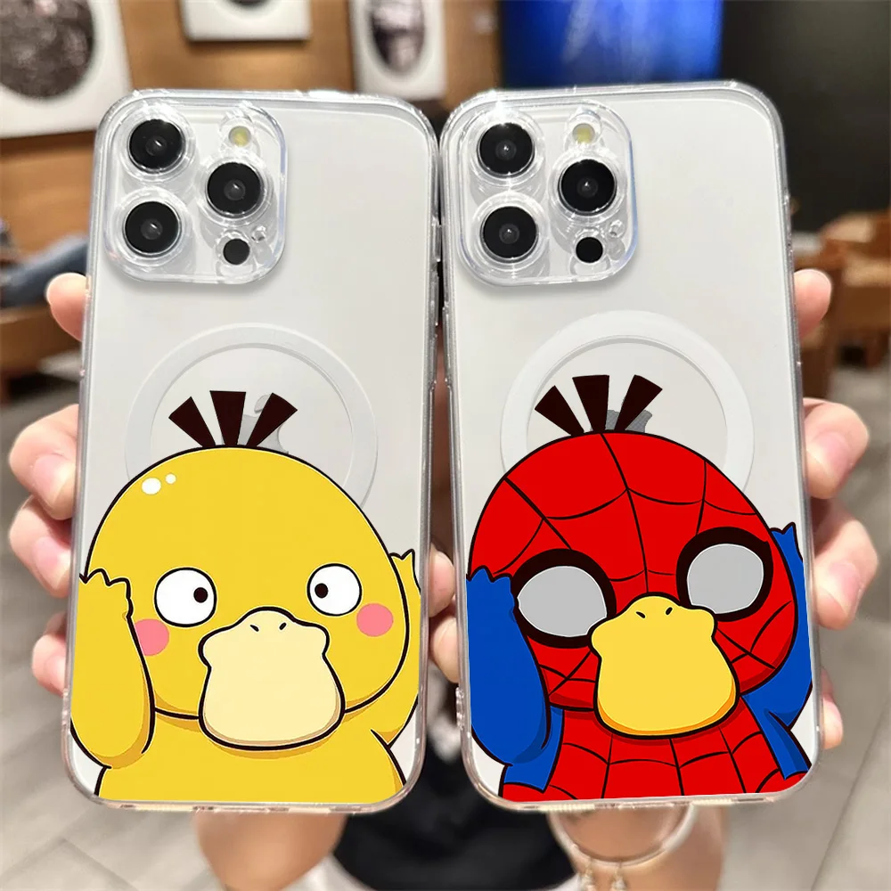 Cute S-Spider M-Man P-Psyduck Phone Case for iPhone 12 11 13 14 15 16 Max Pro Plus Transparent Magsafe Magnetic Wireless Cover