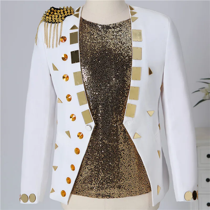 

Men's Mirrors Rivet Blazer Black White Sequins Tassel Casual Suit Jacket Male Singer Bar Stage Performance Slim Fit Tuxedo Coat