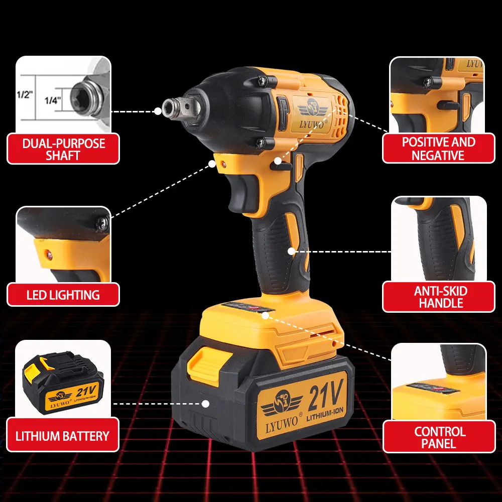 LYUWO Electric Wrench 520NM Brushless Electric Wrench High Torque Air Cannon Heavy Duty Automobile Repair High Power Impact Plat