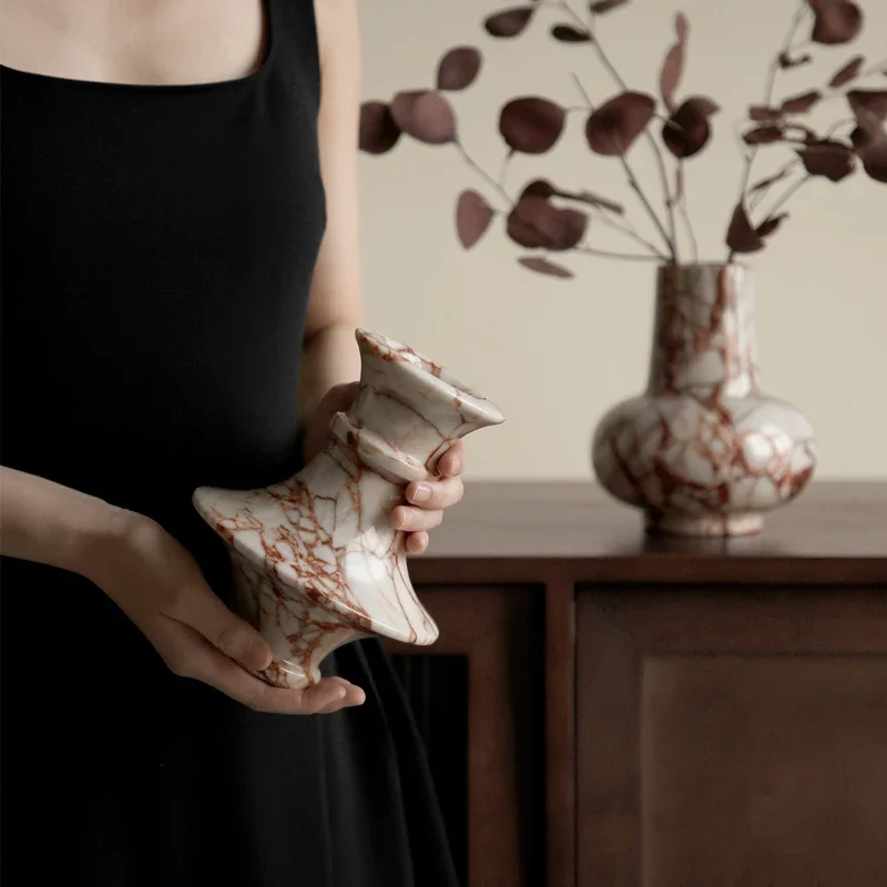 【Natural】Italian Marble Vase for Table Shelf Mantel Entryway Calacatta Red Flower Vase for Home Decoration