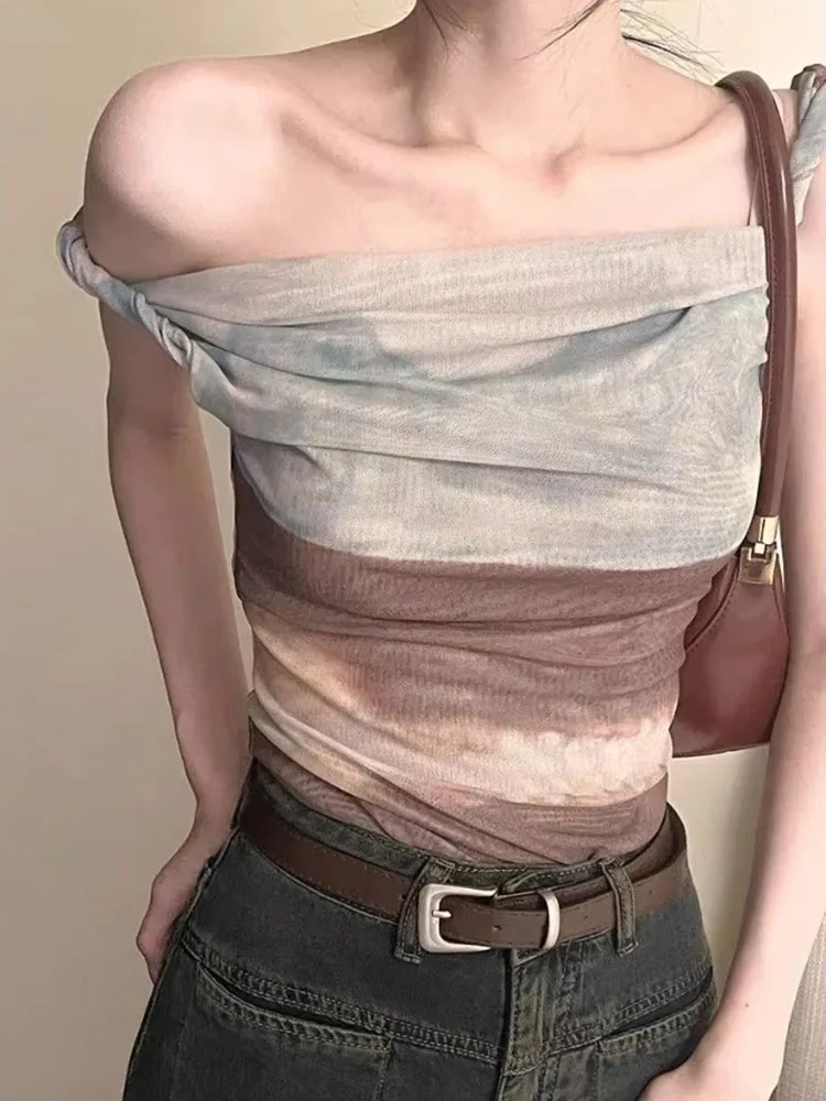 Women Crop Tank Tops Blooming Oil Painting Mesh Irregular Slim Off Shoulder Vintage Camisole Ladies Party Clubwear