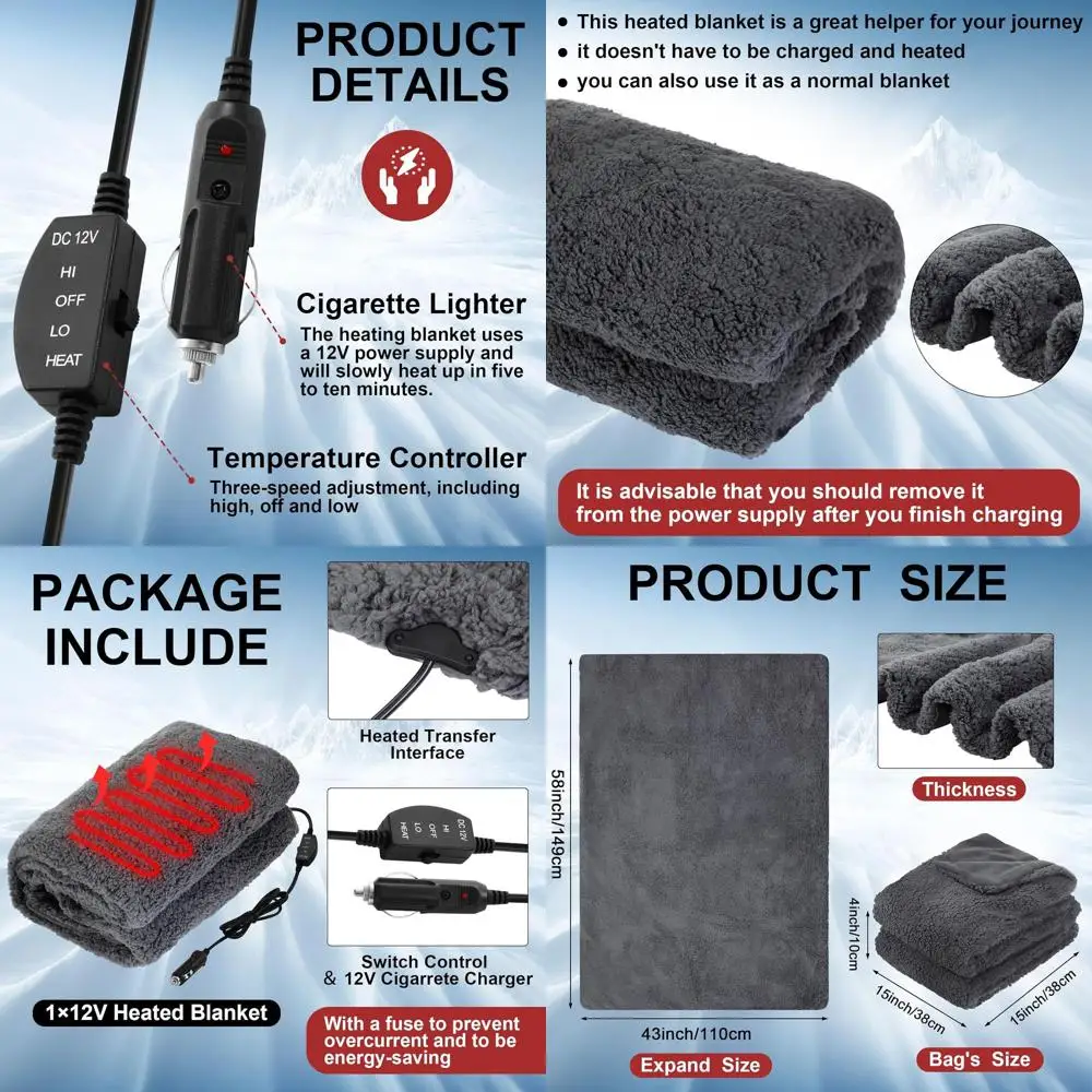 

Автомобильное одеяло с подогревом 12 В, 58 x 43 дюйма, портативное одеяло с подогревом, 3 уровня нагрева, серое электрическое одеяло с сумкой для хранения, регулируемое