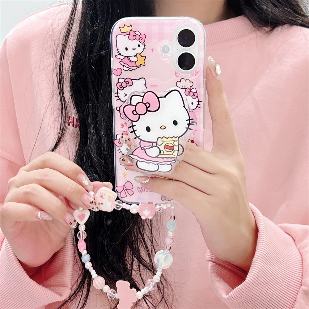 Cute Pink Hello Kitty 3D Cartoon Holder Stand Phone Case For iPhone 16 14 13 15 Pro Max Shockproof Bumper With Wrist Strap Cover