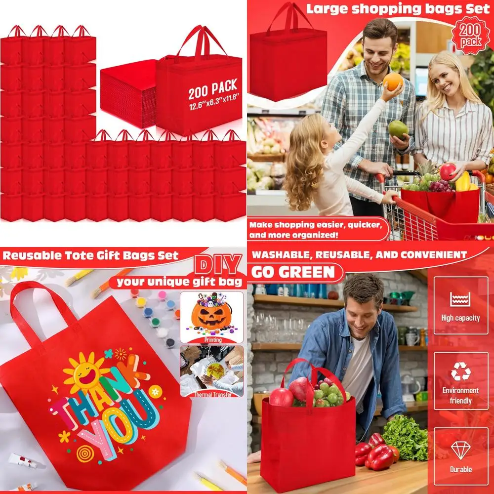 

Многоразовые большие нетканые пакеты для продуктов с ручками, складные и портативные, идеально подходят для оптовых покупок, 12,6 x 11,8 x 6,3 дюйма