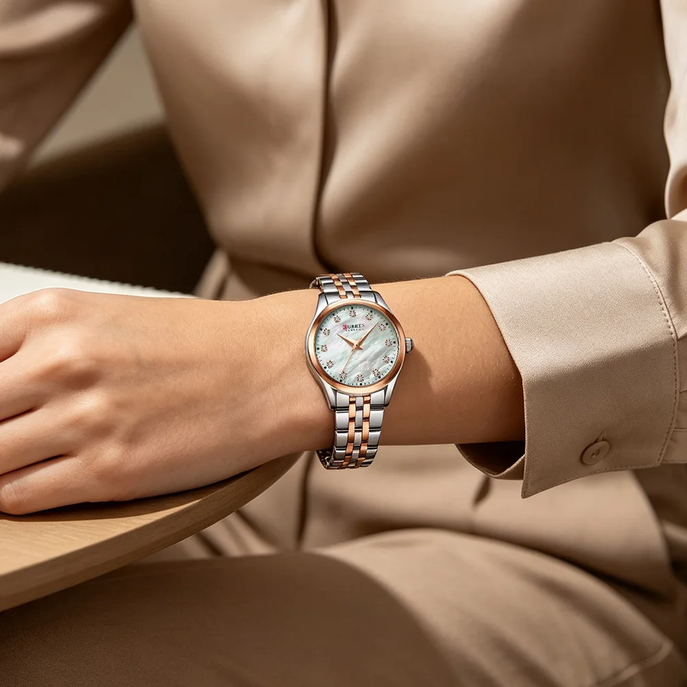 CURREN Ladies Watch with Two-Tone Stainless Steel Bracelet 28mm Dial with Rhinestones Markers Shimmering Shell Dial Elegant Idea