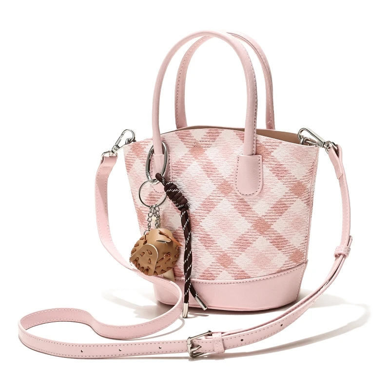 

Весенний тренд: розовая сумка-ведро с клетчатым узором для женщин, модная маленькая сумка через плечо для девушек, из искусственной кожи