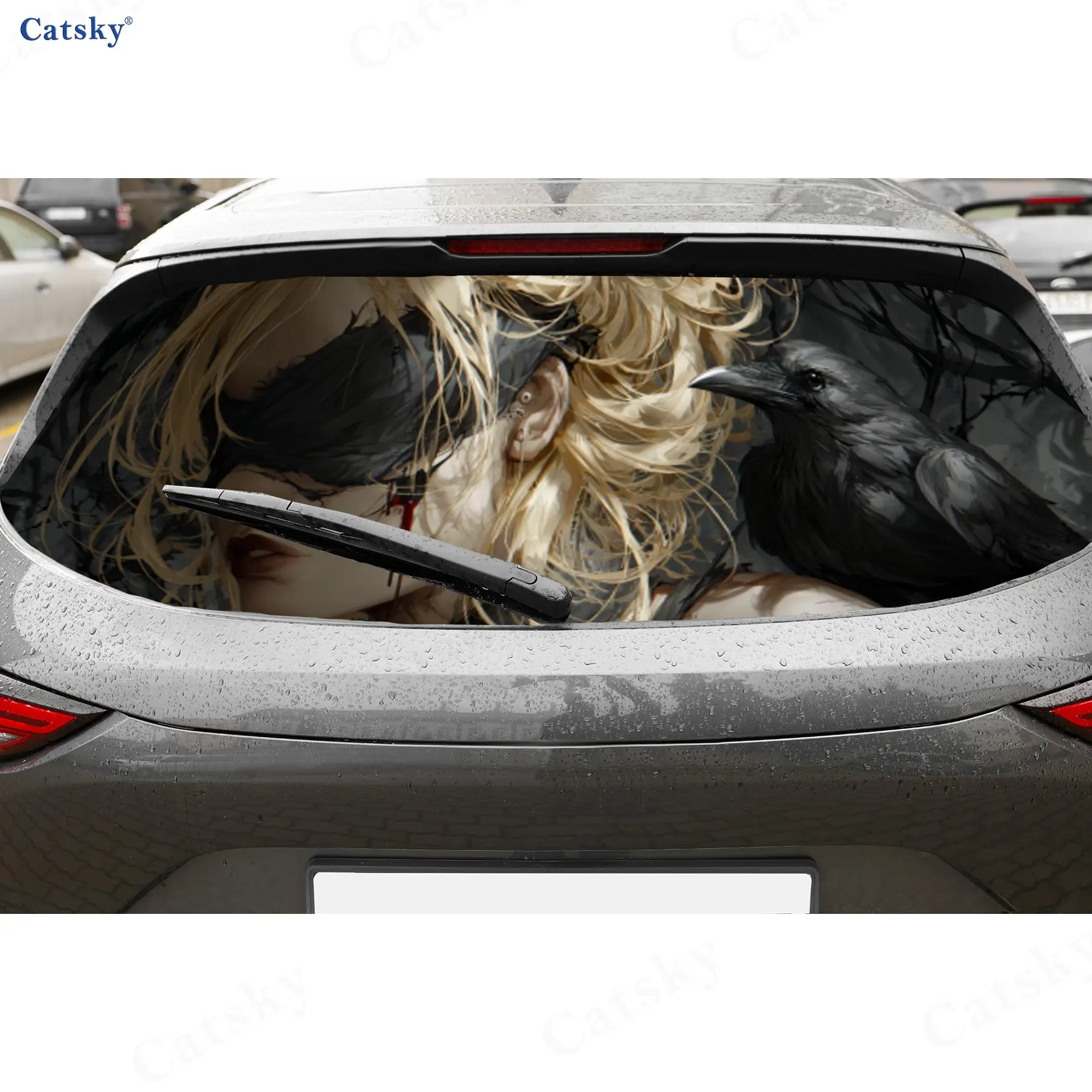 

Gothic Blindfolded Girl & Raven Wonder PVC Perforated Car Vinyl Wraps, Durable Car Rear Windshield Sticker, Waterproof Car Rear