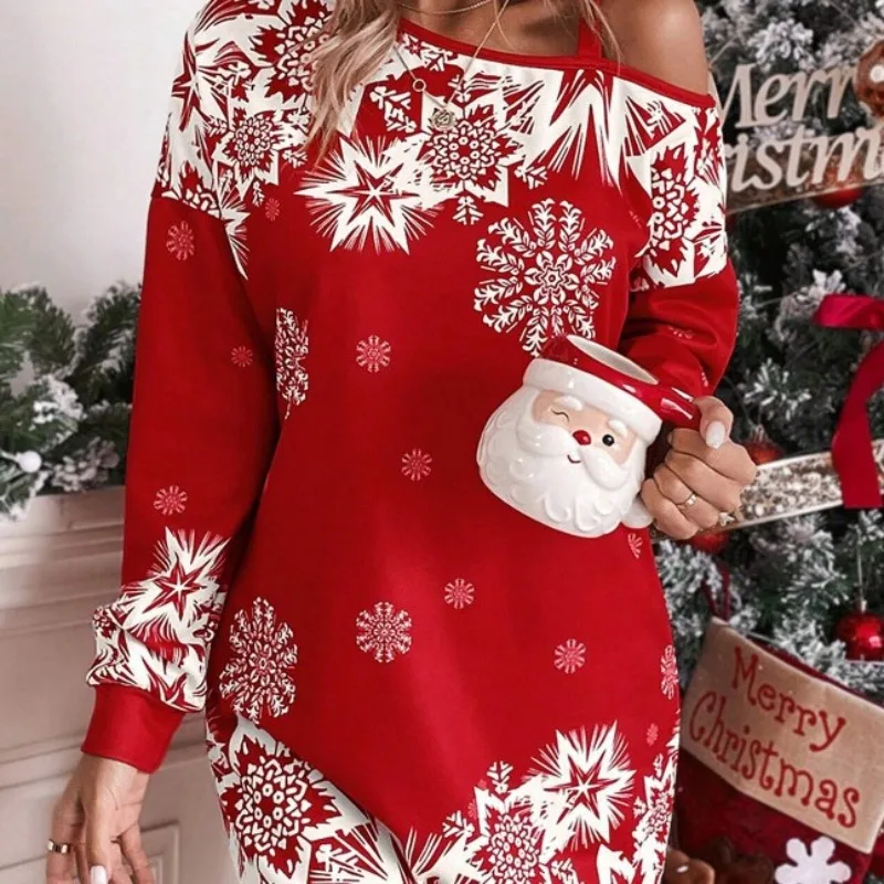 European and American Sloping Shoulder Sexy Dress Christmas Snowflake Print Sweater Autumn/winter Casual Loose Sweatshirts Women